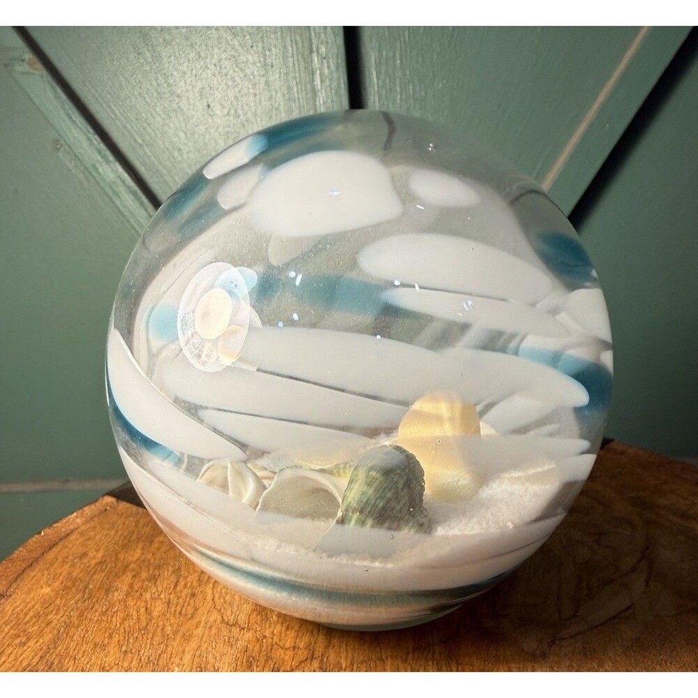 Blown Glass Sea Globe With Sand & Seashells Blue, White, Jade Turbo Shell Beach